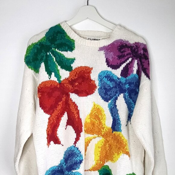 Vintage 80s Rainbow Bow Sweater • Oversized Novelty Knit • kitsch - Picture 1 of 7